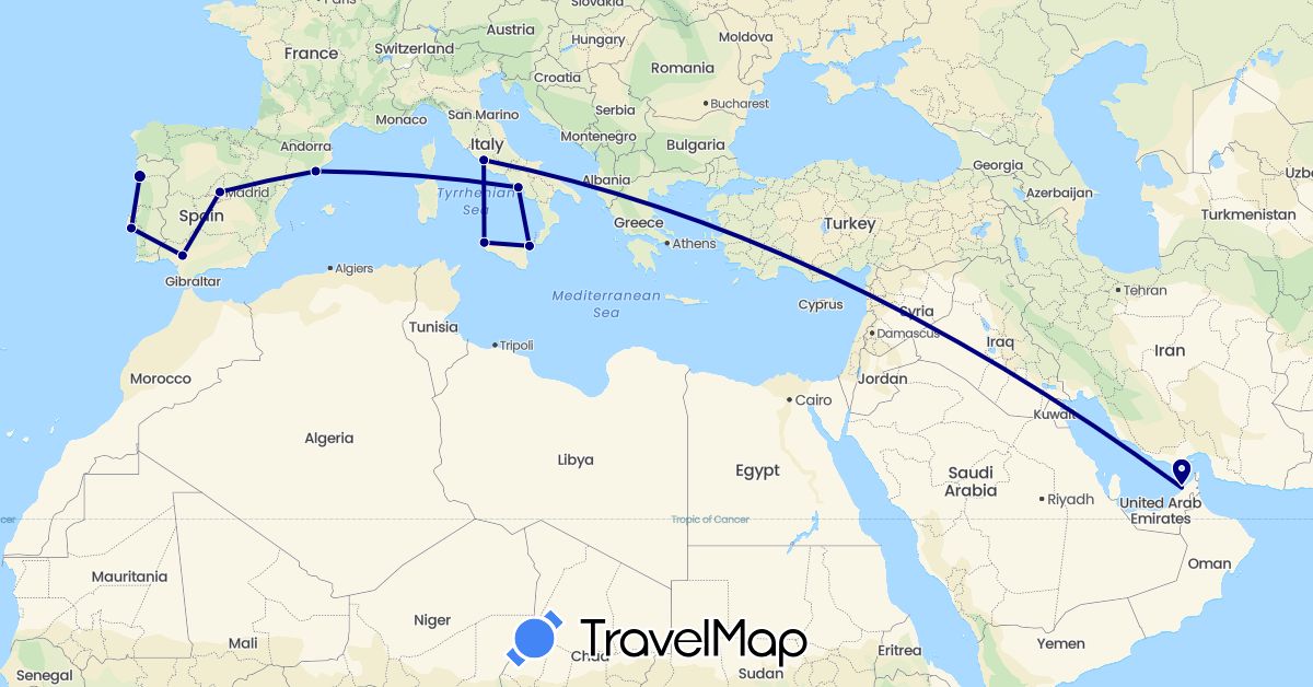TravelMap itinerary: driving in United Arab Emirates, Spain, Italy, Portugal (Asia, Europe)